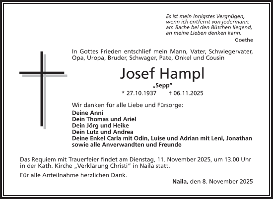 Traueranzeige von Josef Hampl von Frankenpost