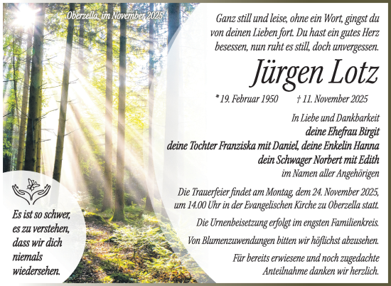 Traueranzeige von Jürgen Lotz von Südthüringer Presse
