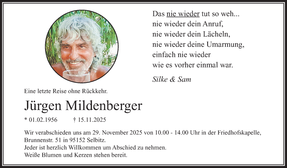  Traueranzeige für Jürgen Mildenberger vom 25.11.2025 aus Frankenpost