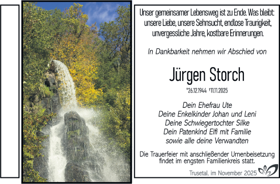 Traueranzeige von Jürgen Storch von Südthüringer Presse