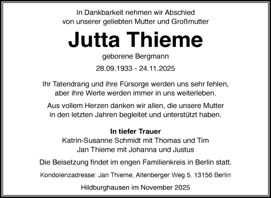 Traueranzeige von Jutta Thieme von Südthüringer Presse