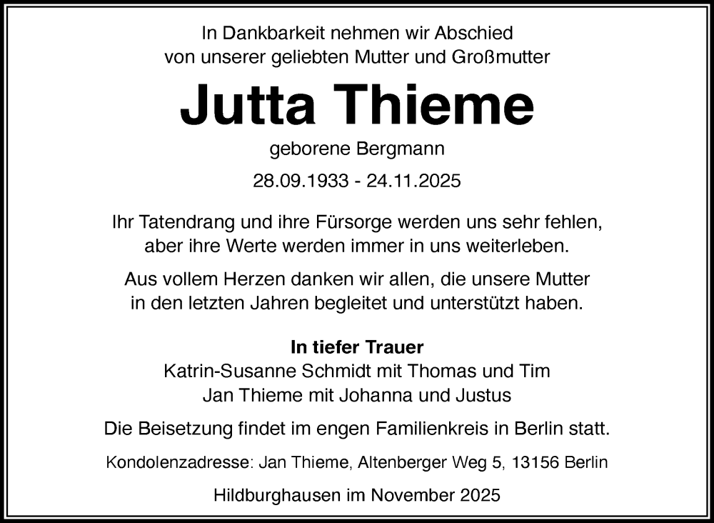  Traueranzeige für Jutta Thieme vom 29.11.2025 aus Südthüringer Presse