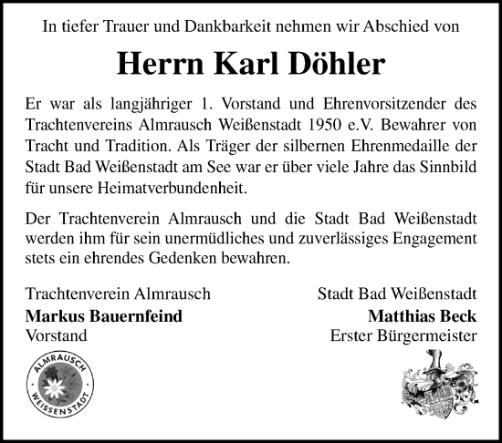 Traueranzeige von Karl Döhler von Frankenpost