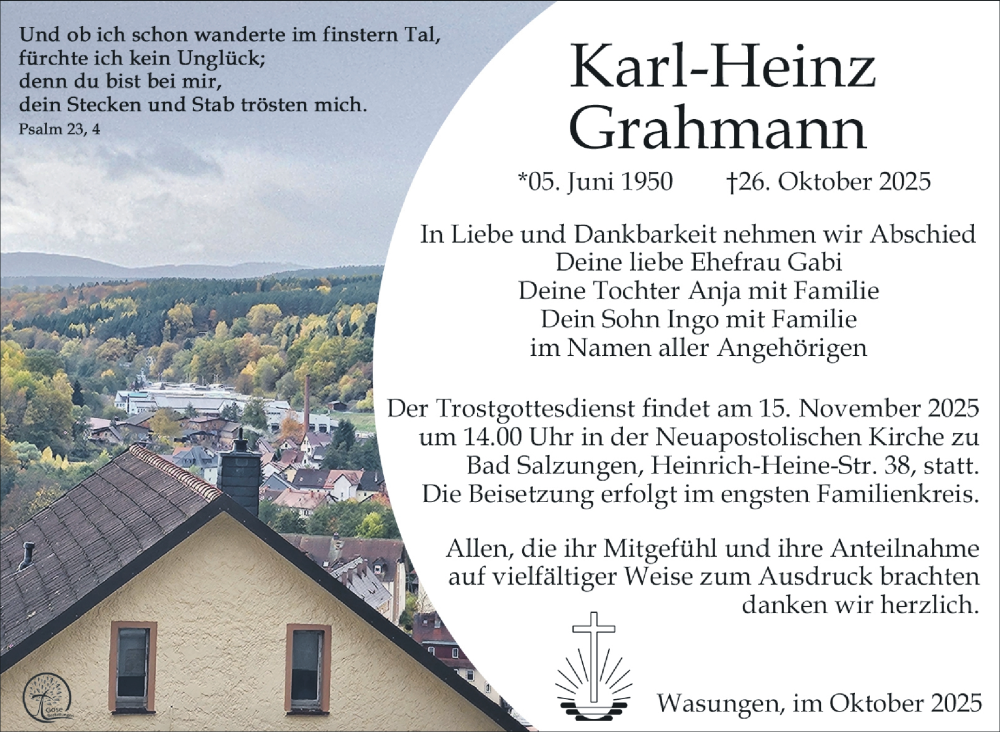  Traueranzeige für Karl-Heinz Grahmann vom 08.11.2025 aus Südthüringer Presse