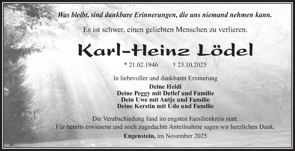  Traueranzeige für Karl-Heinz Lödel vom 08.11.2025 aus Südthüringer Presse