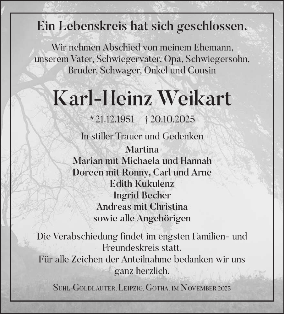  Traueranzeige für Karl-Heinz Weikart vom 08.11.2025 aus Südthüringer Presse