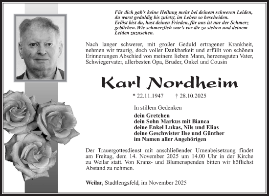 Traueranzeige von Karl Nordheim von Südthüringer Presse