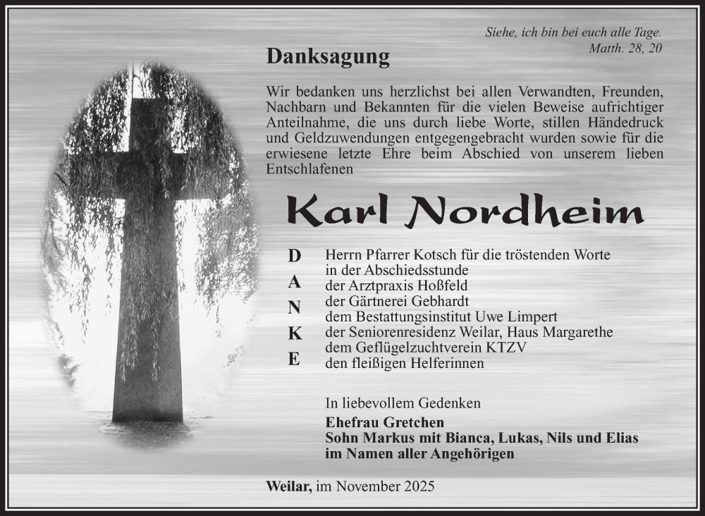  Traueranzeige für Karl Nordheim vom 22.11.2025 aus Südthüringer Presse