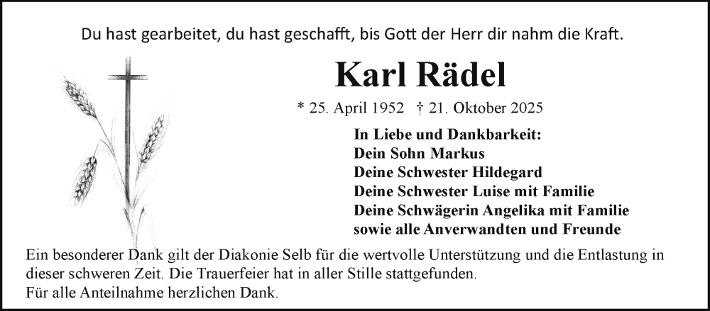  Traueranzeige für Karl Rädel vom 08.11.2025 aus Frankenpost