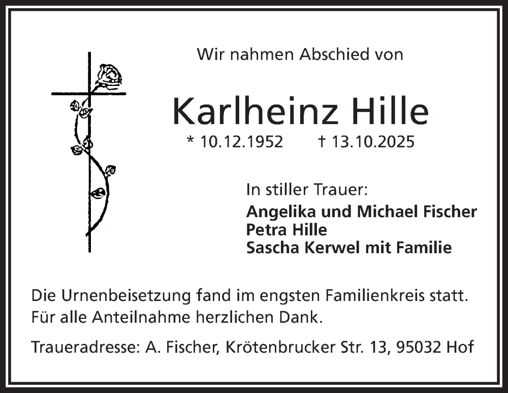  Traueranzeige für Karlheinz Hille vom 08.11.2025 aus Frankenpost