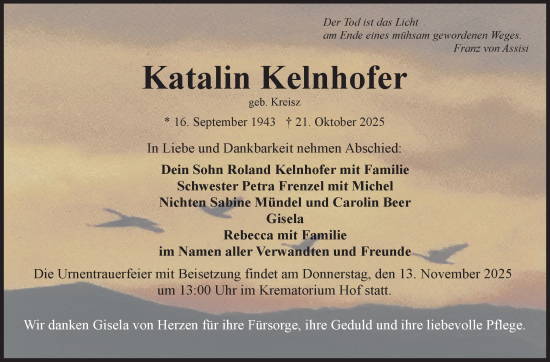 Traueranzeige von Katalin Kelnhofer von Frankenpost