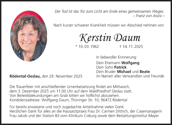 Traueranzeige von Kerstin Daum von Neue Presse Coburg