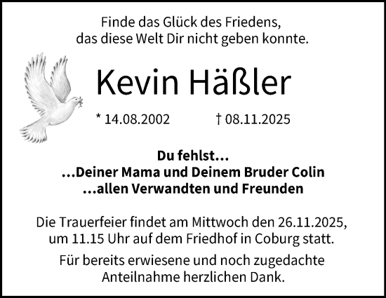 Traueranzeige von Kevin Häßler von Neue Presse Coburg