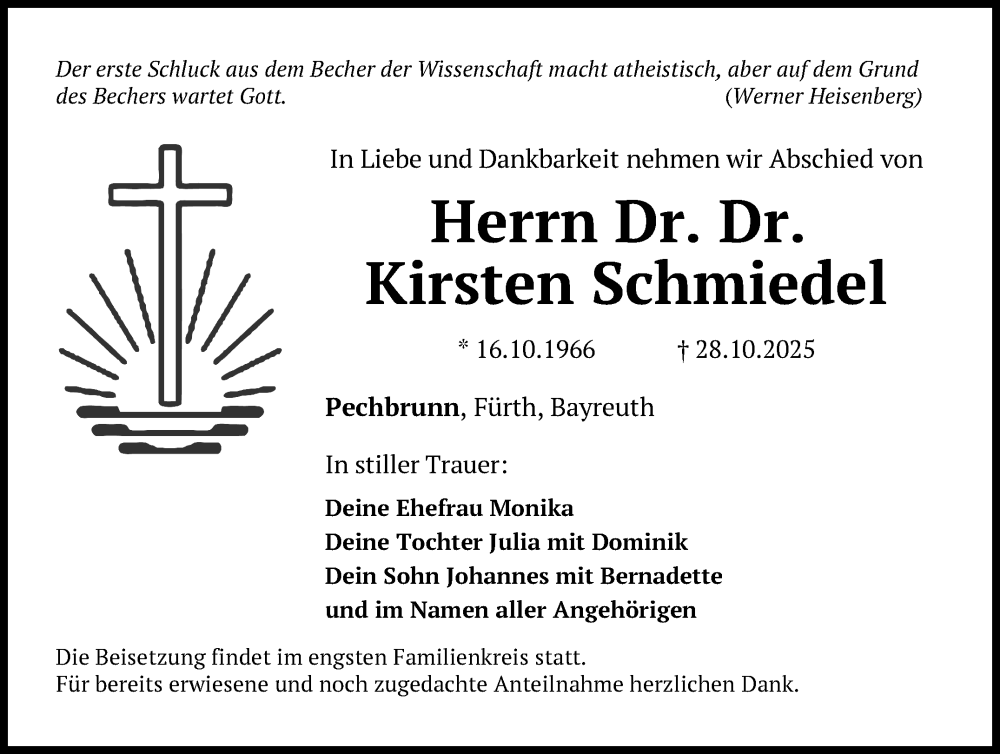  Traueranzeige für Kirsten Schmiedel vom 08.11.2025 aus Frankenpost