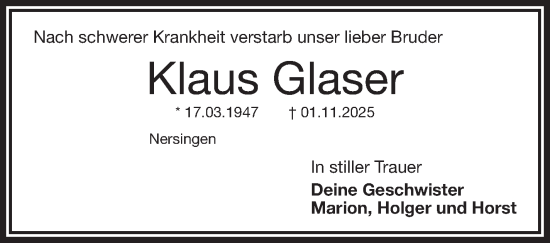 Traueranzeige von Klaus Glaser von Frankenpost