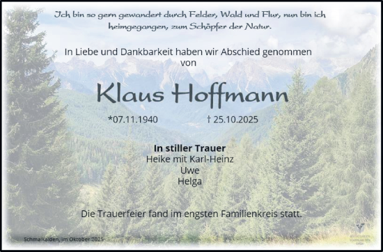 Traueranzeige von Klaus Hoffmann von Südthüringer Presse