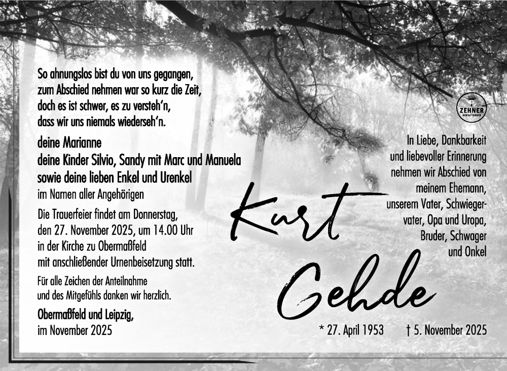  Traueranzeige für Kurt Gehde vom 15.11.2025 aus Südthüringer Presse