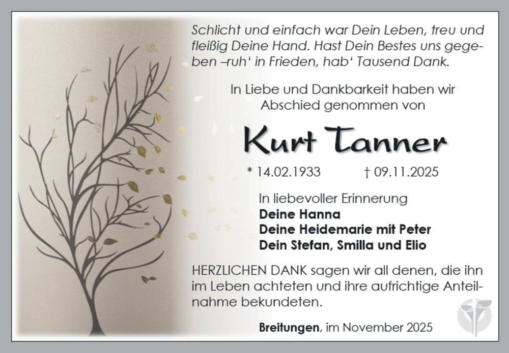  Traueranzeige für Kurt Tanner vom 29.11.2025 aus Südthüringer Presse