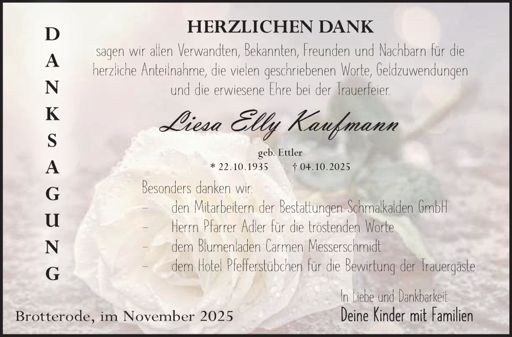  Traueranzeige für Liesa Elly Kaufmann vom 15.11.2025 aus Südthüringer Presse
