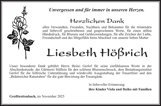 Traueranzeige von Liesbeth Hößrich von Südthüringer Presse