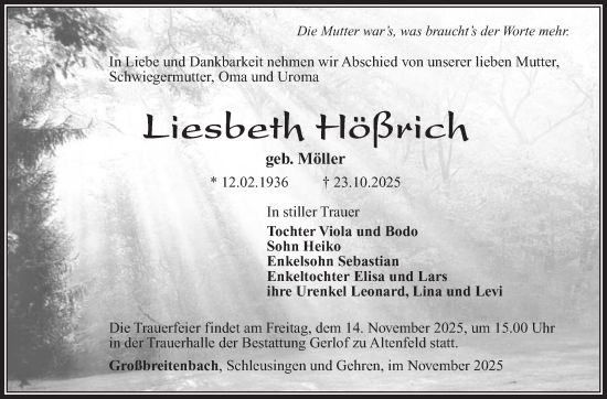 Traueranzeige von Liesbeth Hößrich von Südthüringer Presse