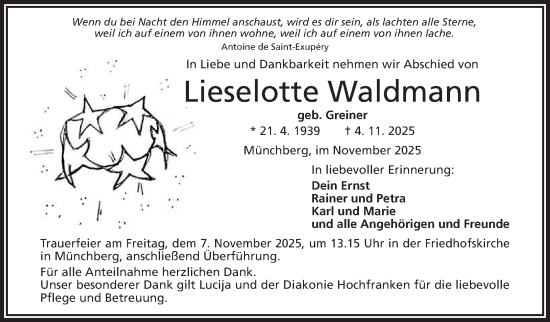 Traueranzeige von Lieselotte Waldmann von Frankenpost
