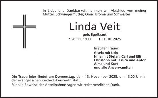 Traueranzeige von Linda Veit von Frankenpost
