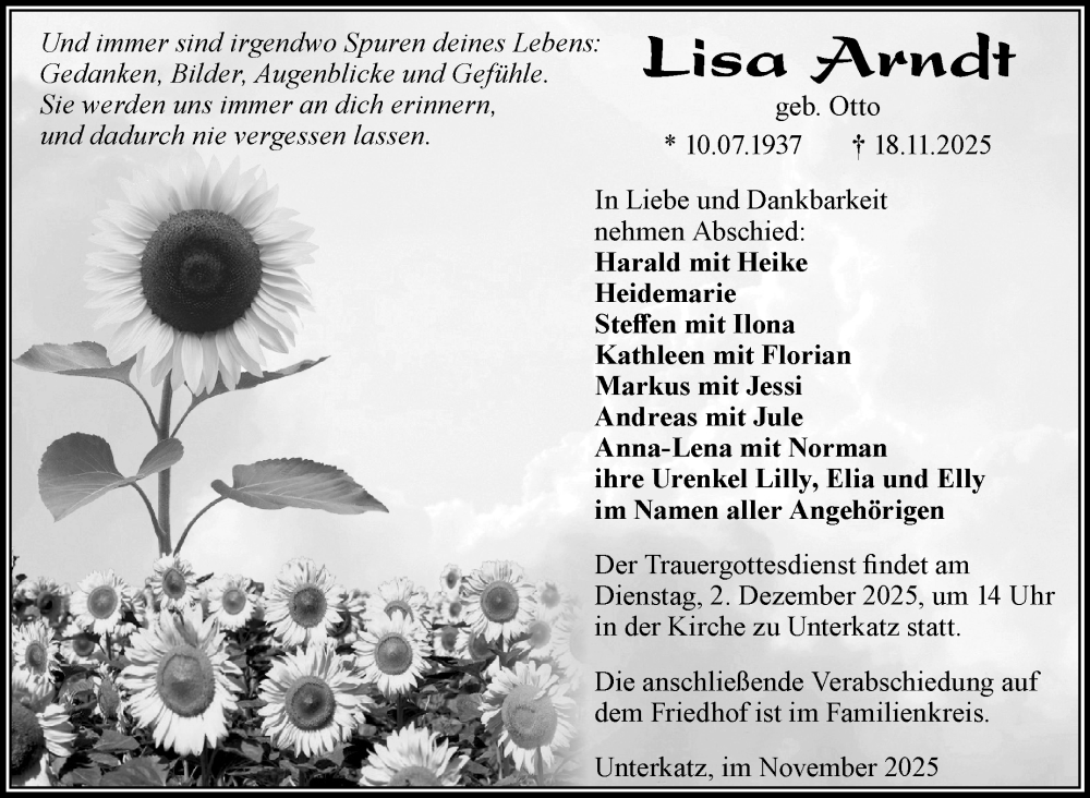  Traueranzeige für Lisa Arndt vom 28.11.2025 aus Südthüringer Presse
