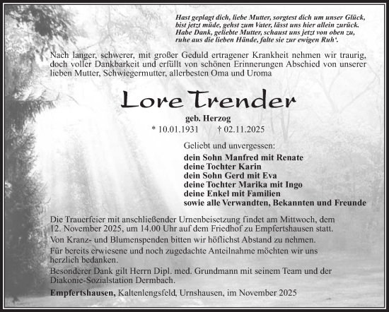Traueranzeige von Lore Trender von Südthüringer Presse