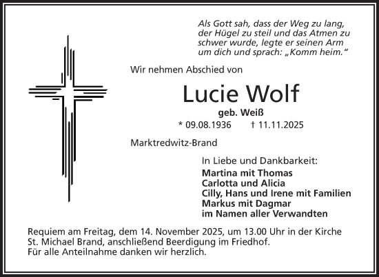 Traueranzeige von Lucie Wolf von Frankenpost