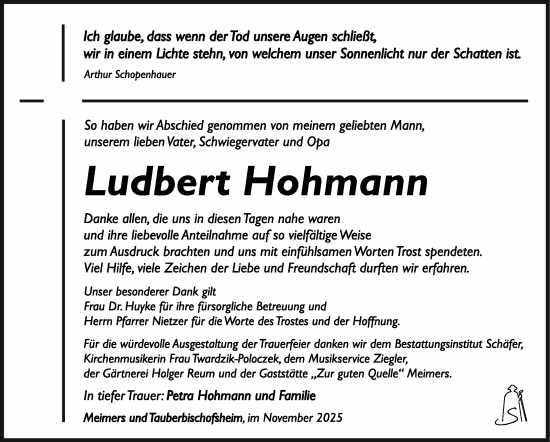 Traueranzeige von Ludbert Hohmann von Südthüringer Presse