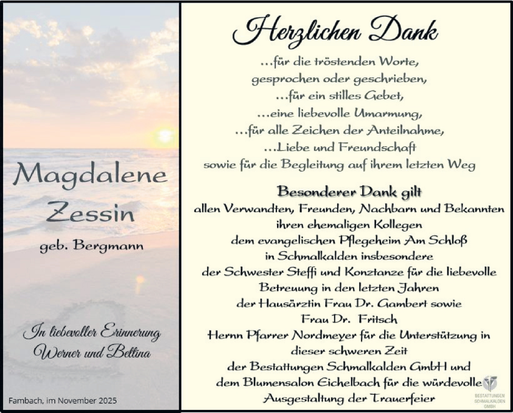  Traueranzeige für Magdalene Zessin vom 29.11.2025 aus Südthüringer Presse