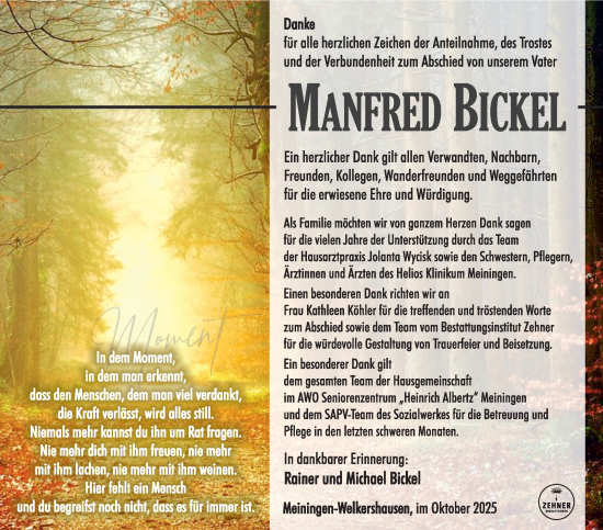 Traueranzeige von Manfred Bickel von Südthüringer Presse