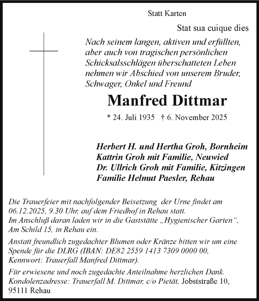  Traueranzeige für Manfred Dittmar vom 29.11.2025 aus Frankenpost