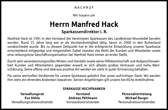Traueranzeige von Manfred Hack von Frankenpost
