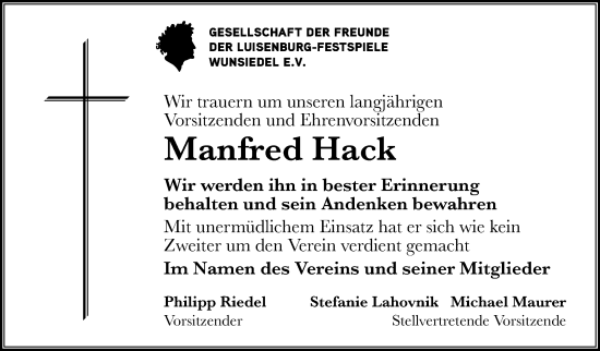 Traueranzeige von Manfred Hack von Frankenpost