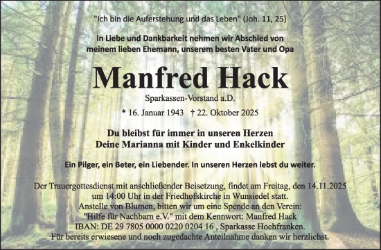 Traueranzeige von Manfred Hack von Frankenpost