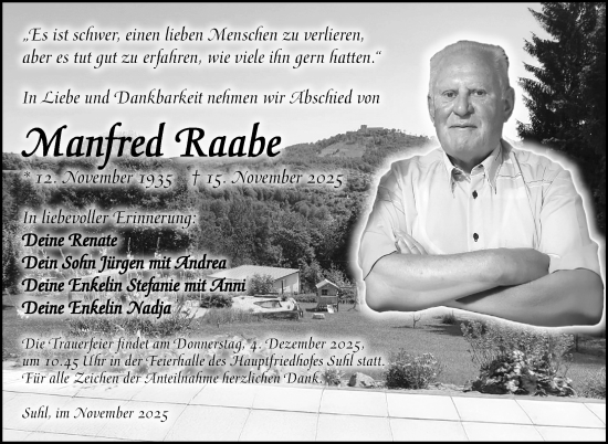 Traueranzeige von Manfred Raabe von Südthüringer Presse