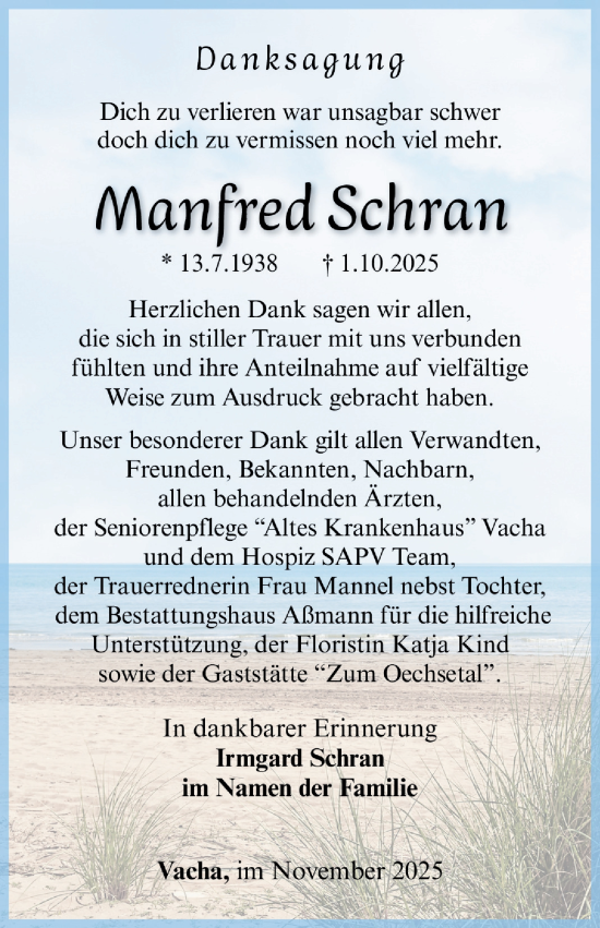 Traueranzeige von Manfred Schran von Südthüringer Presse