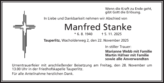 Traueranzeige von Manfred Stanke von Frankenpost