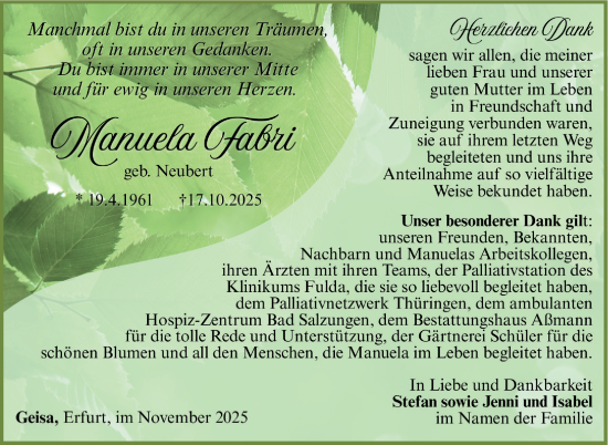 Traueranzeige von Manuela Fabri von Südthüringer Presse