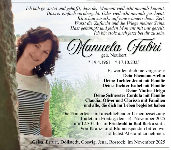 Traueranzeige von Manuela Fabri von Südthüringer Presse