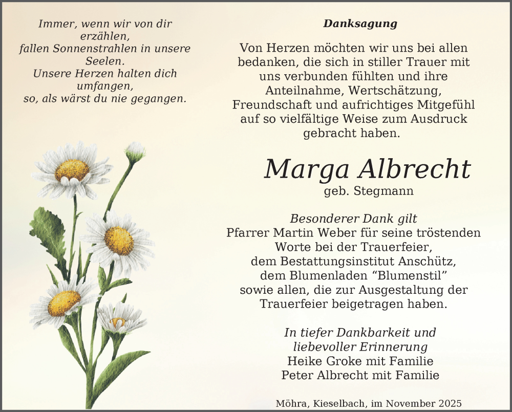  Traueranzeige für Marga Albrecht vom 28.11.2025 aus Südthüringer Presse