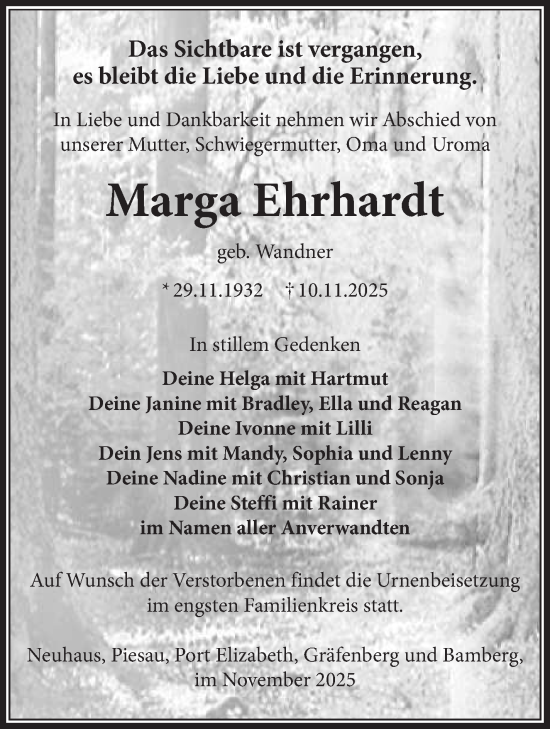 Traueranzeige von Marga Ehrhardt von Südthüringer Presse