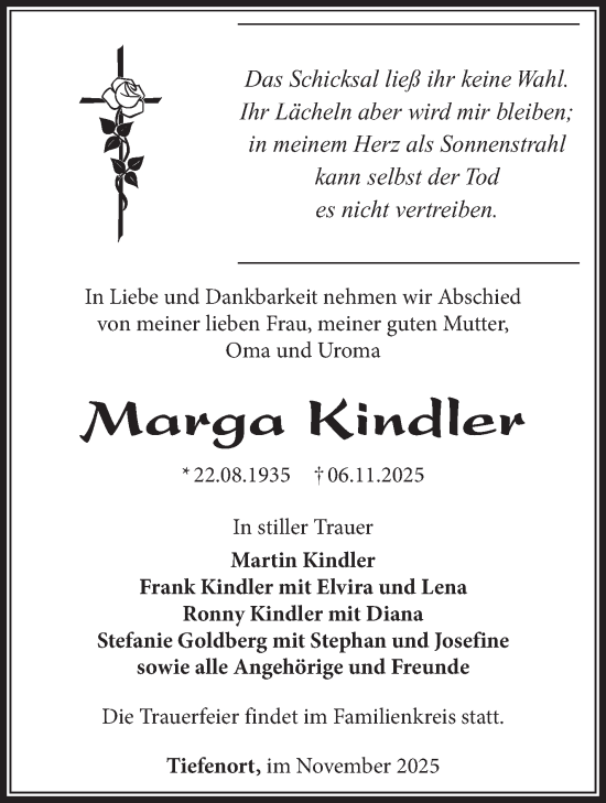 Traueranzeige von Marga Kindler von Südthüringer Presse