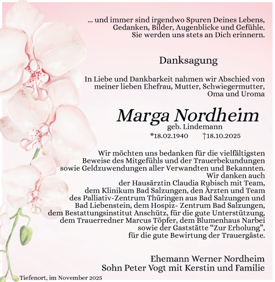Traueranzeige von Marga Nordheim von Südthüringer Presse
