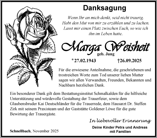 Traueranzeige von Marga Weisheit von Südthüringer Presse