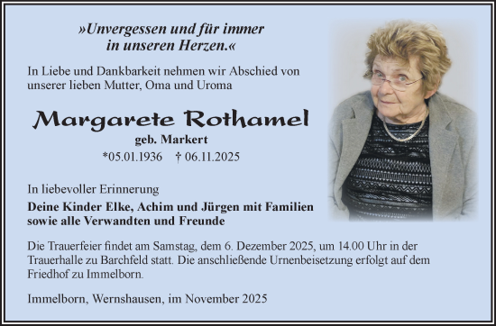 Traueranzeige von Margarete Rothamel von Südthüringer Presse