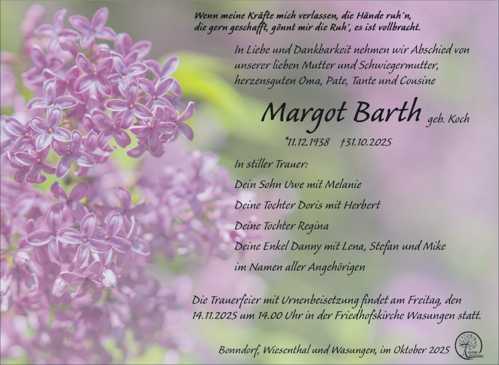  Traueranzeige für Margot Barth vom 08.11.2025 aus Südthüringer Presse