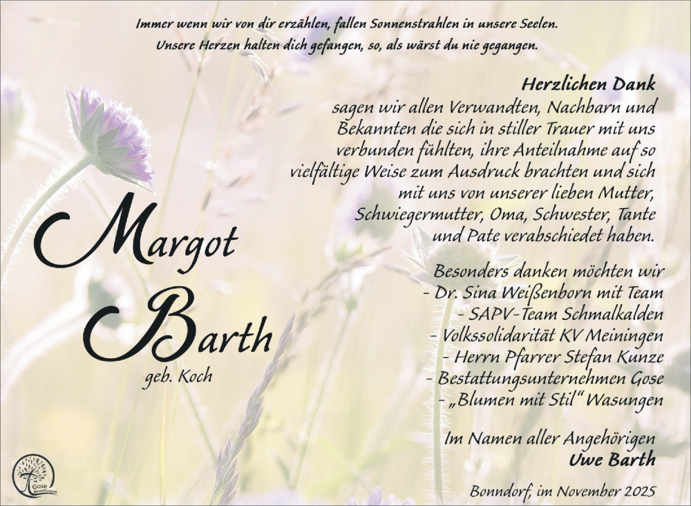  Traueranzeige für Margot Barth vom 29.11.2025 aus Südthüringer Presse